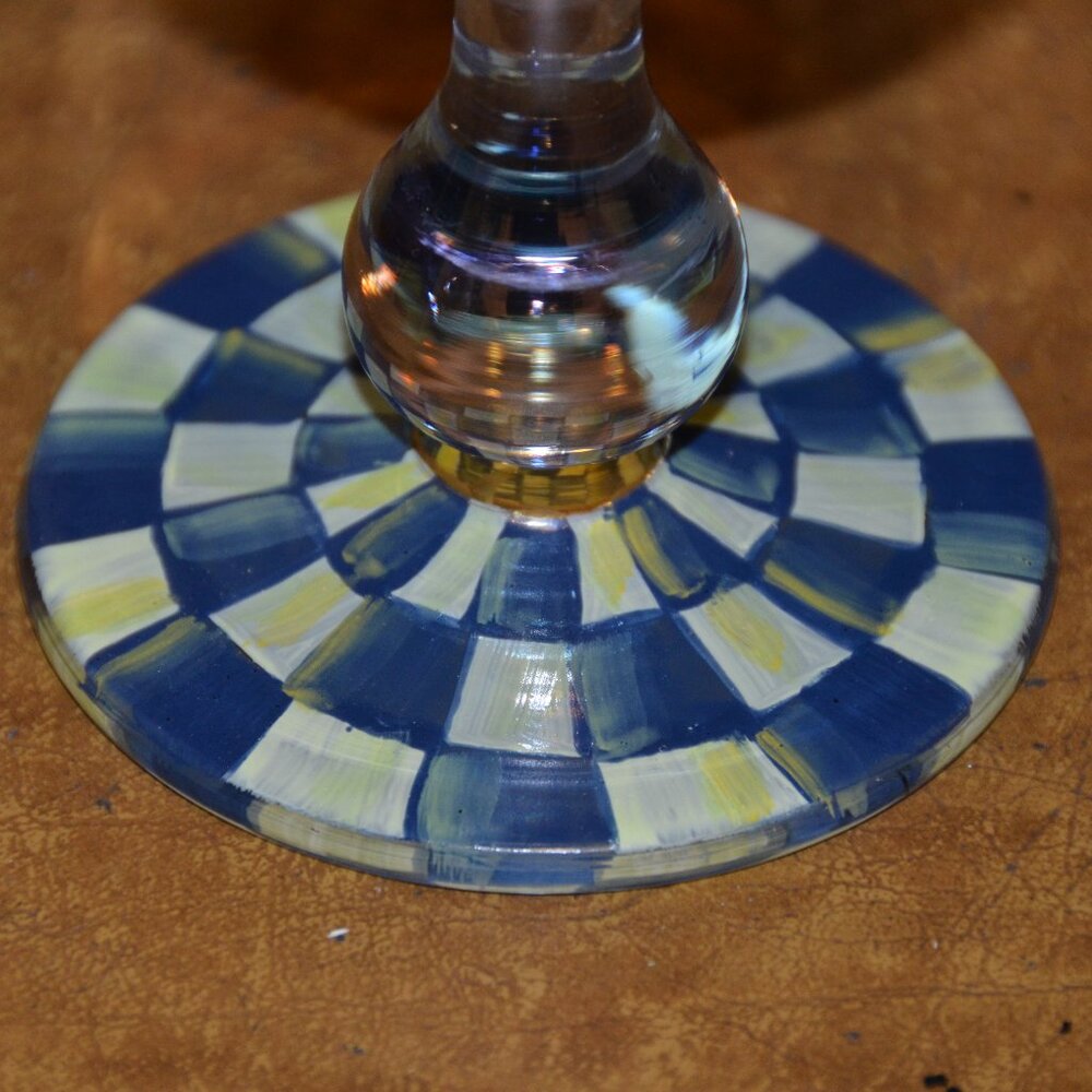 RARE RETIRED DESIGNER MACKENZIE CHILDS BLUE ROYAL CHECK GOLD WATER GLASS GOBLET - Picture 7 of 11